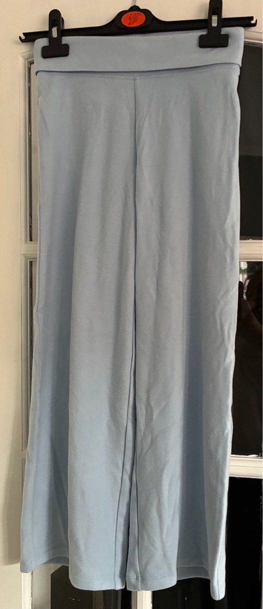 M&S Girls Light Blue Foldover Waist Wide Leg Trousers Age 9-10 Yrs 140cm