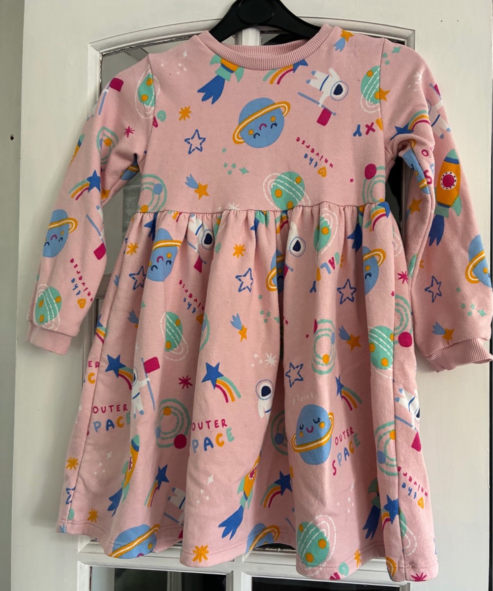F&F Girls Pink Space & Astronaut Sweatshirt Dress Long Sleeve Age 6-7 Yrs 122cm