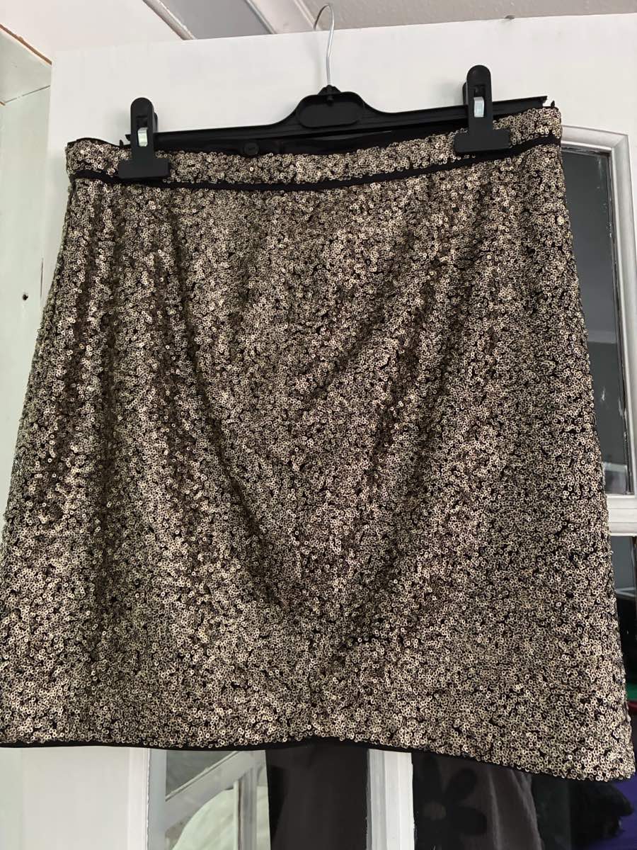 NEXT Gold Sequin Mini Skirt Size UK 14 (EUR 42) Sparkly Party Skirt