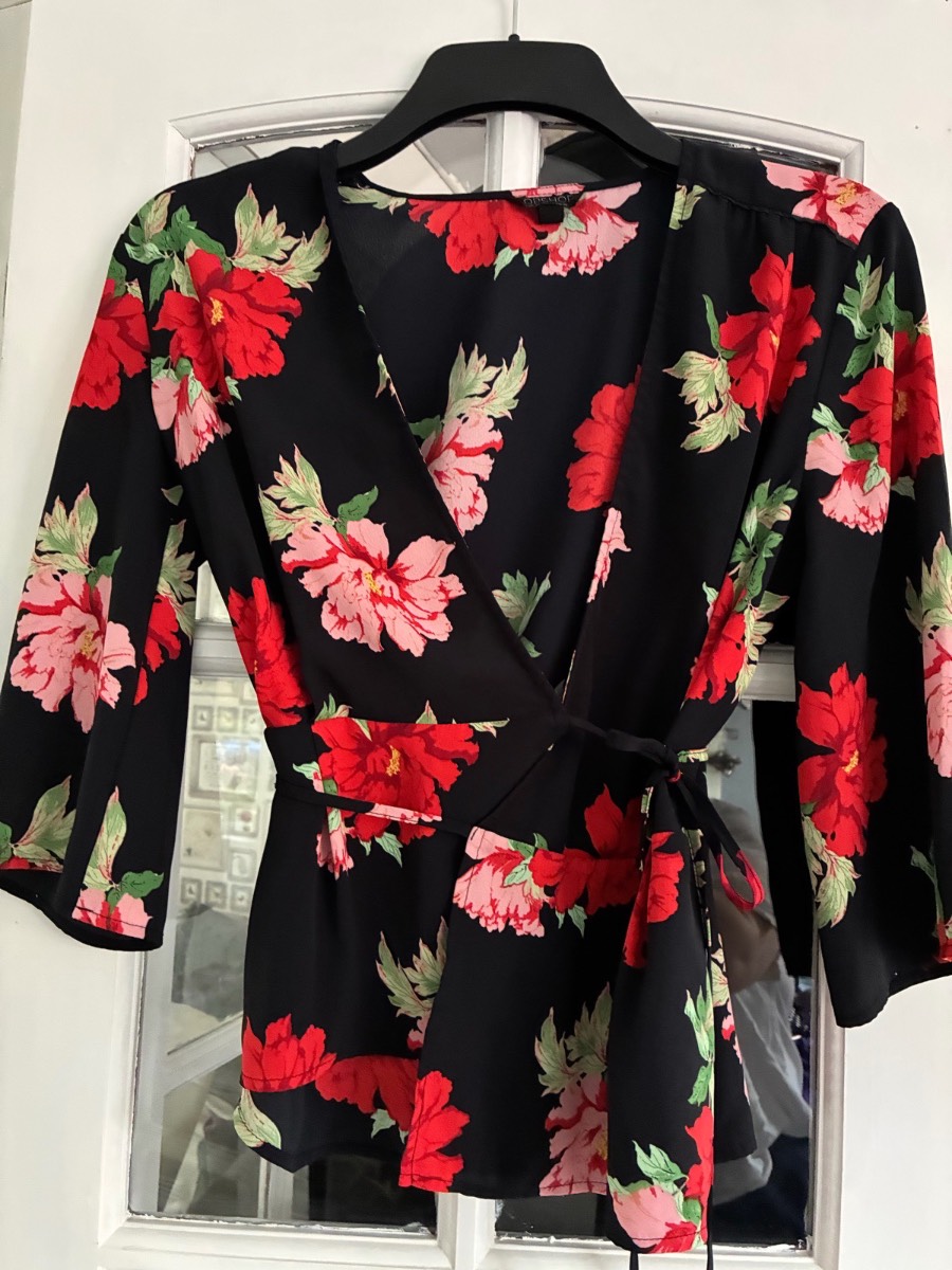 TOPSHOP Black Red Floral Wrap Top Blouse UK 10 Tie Waist