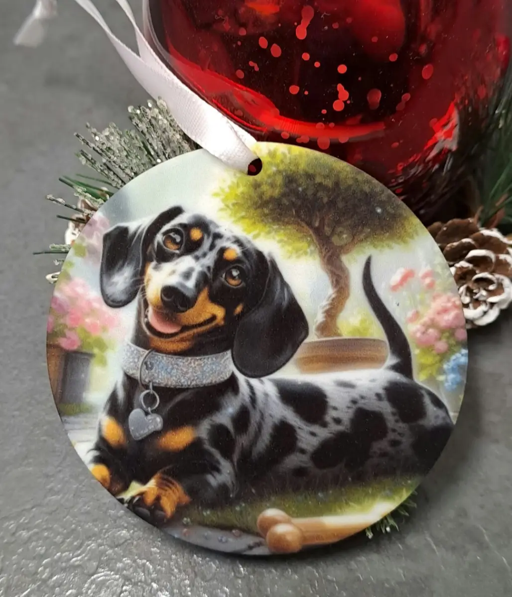 Daschund hanging decoration memorial christmas dappled