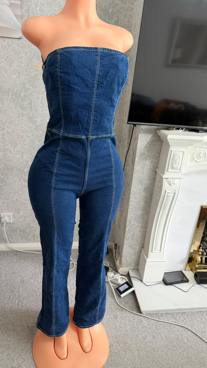 Navy strapless denim jumpsuit