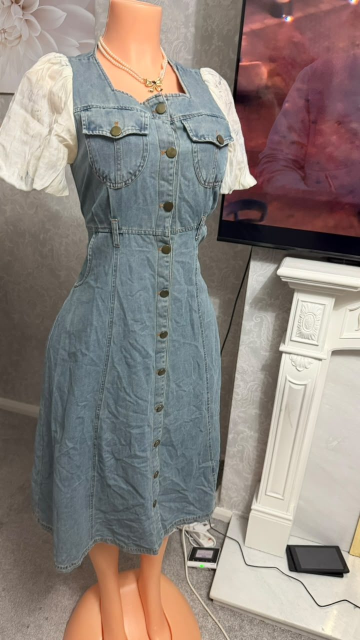 Red Venues Light Blue Denim Button Front Midi Dress