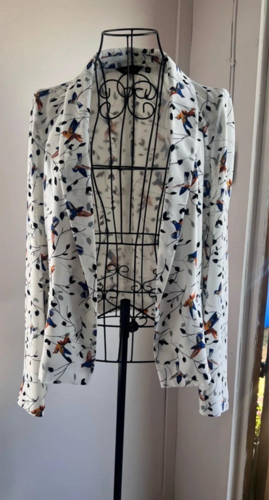 New Look White Bird Print Lined Blazer Suit Jacket with Pockets, UK 10