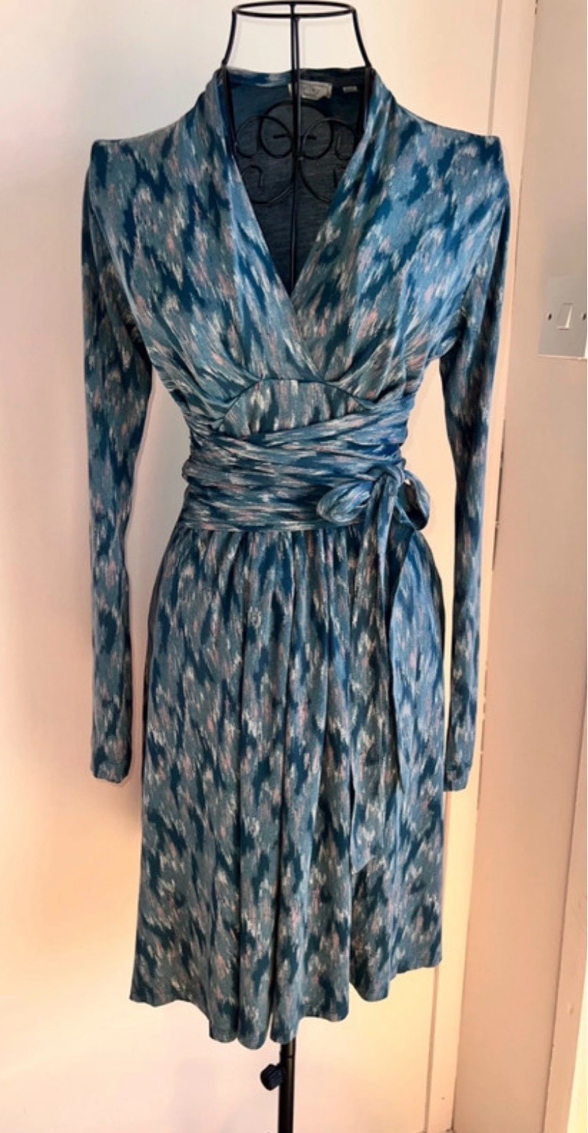 FatFace Teal Abstract Wrap Dress Jersey V-Neck Long Sleeve Knee UK 8R