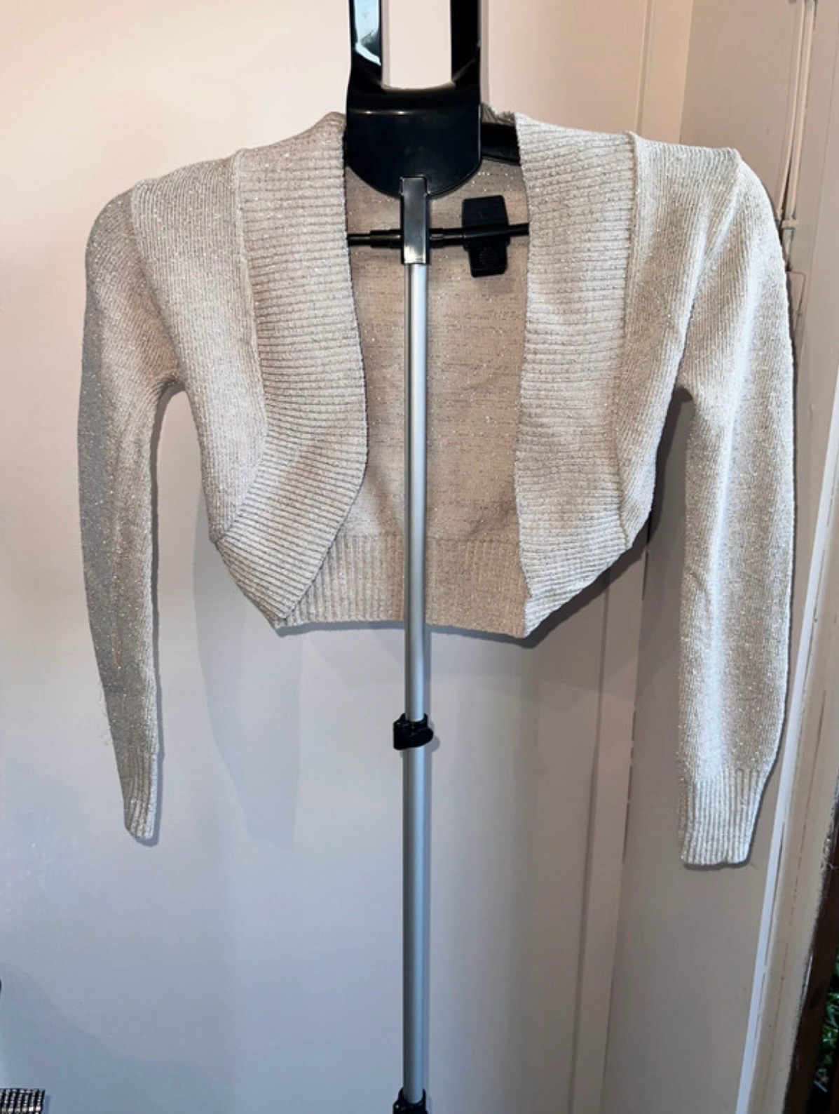 Women’s Beige Glitter Knit Bolero/Shrug Cardigan S Collared Long Sleeve