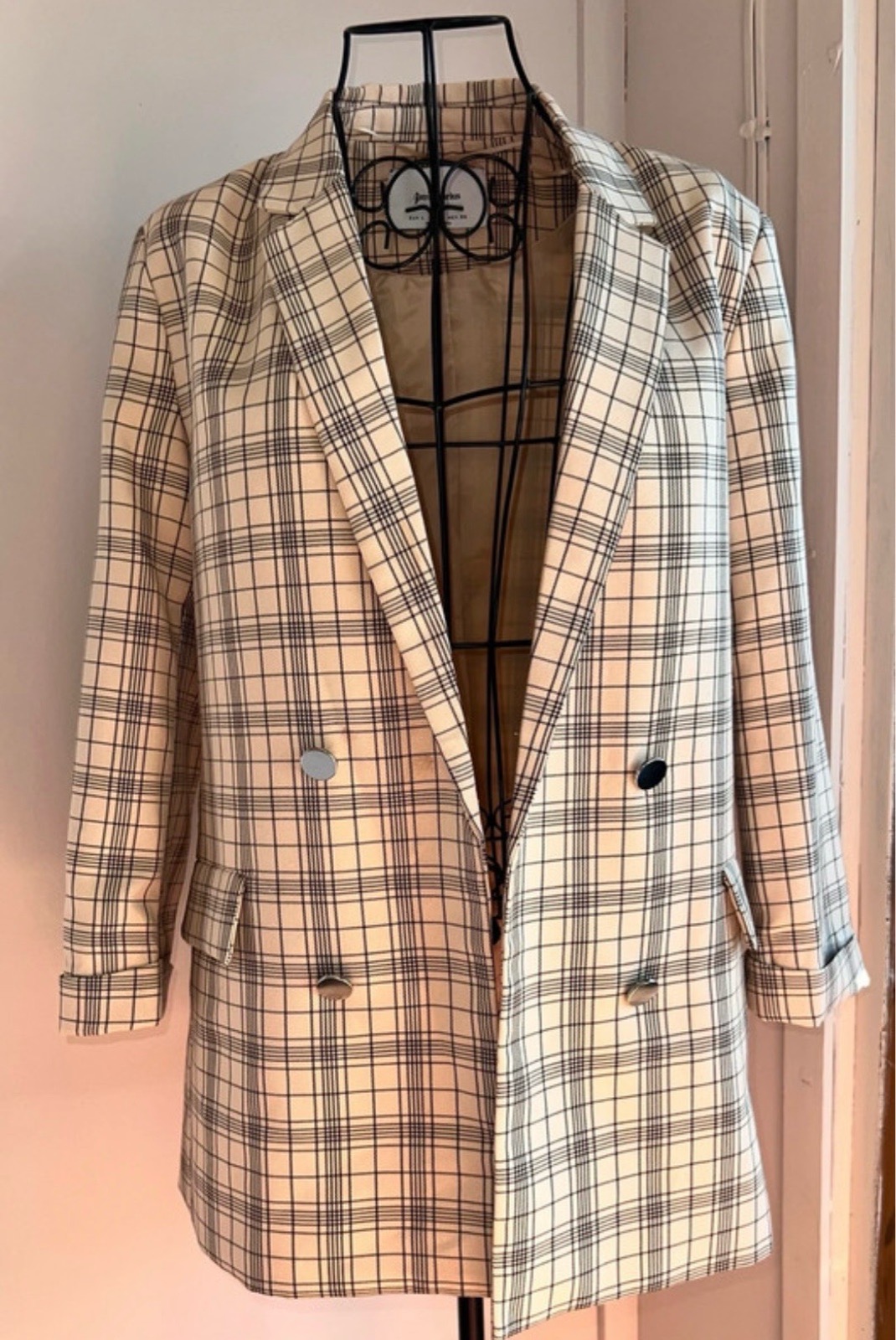 Stradivarius Beige/Black Check Long Blazer Suit Jacket, Size L