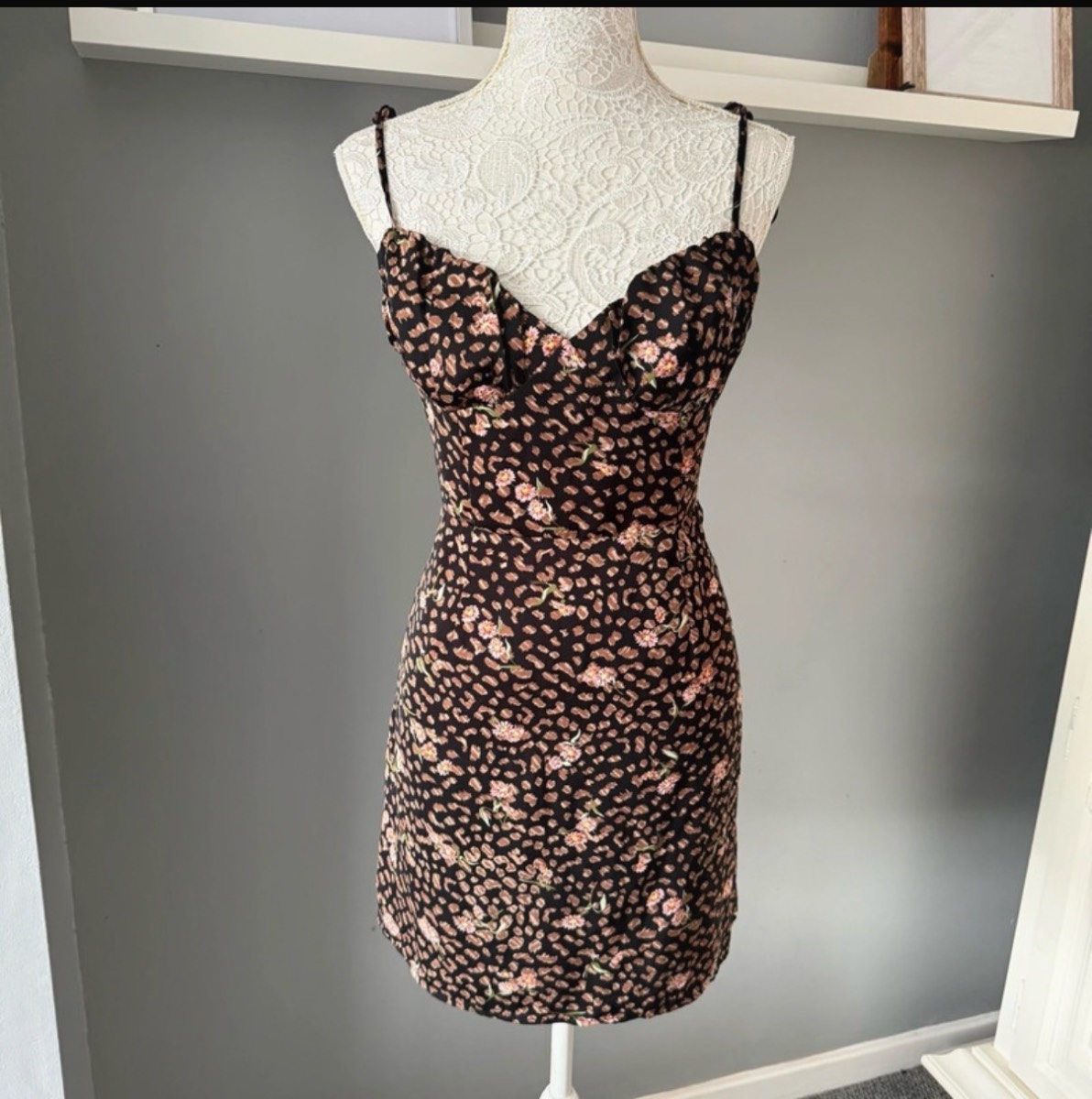 Shein Animal Print Floral Mini Cami Dress, Sweetheart Neck and Tie Straps, Size UK 12