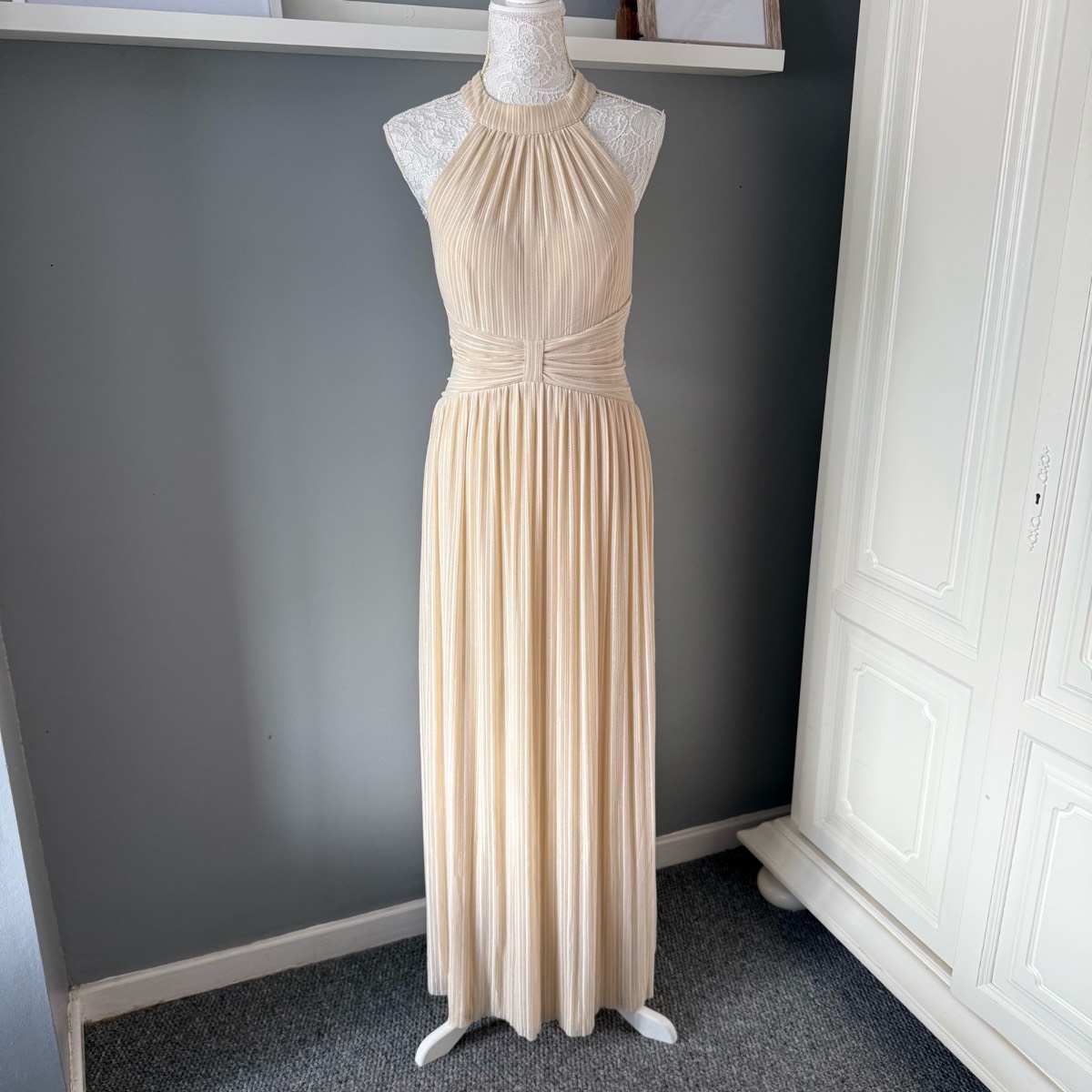 Ever Pretty Cream Champagne Pleated Halter Maxi Dress Prom Evening Gown BNWT Size XXL (UK 16)