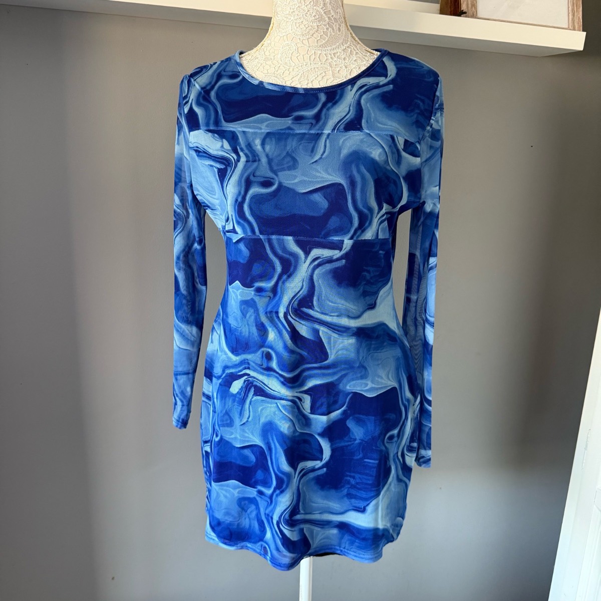 Select Blue Marble Mesh Long Sleeve Bodycon Mini Dress UK 16