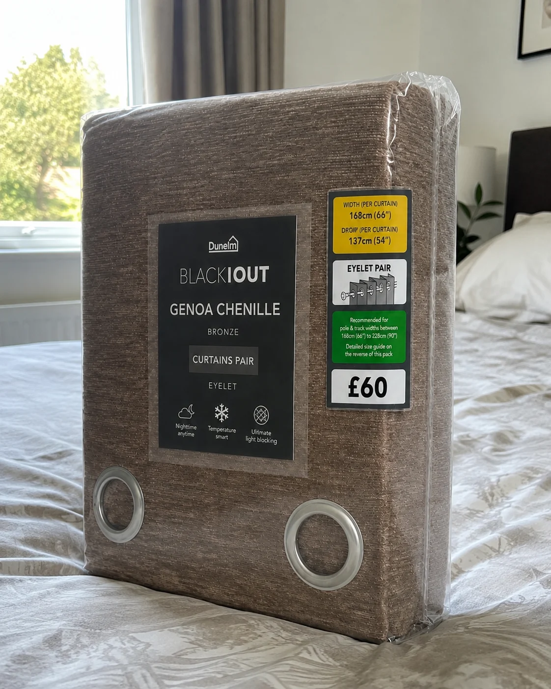 Dunelm Genoa Chenille Blackout Eyelet Curtains Pair – Bronze – 168 x 137cm
