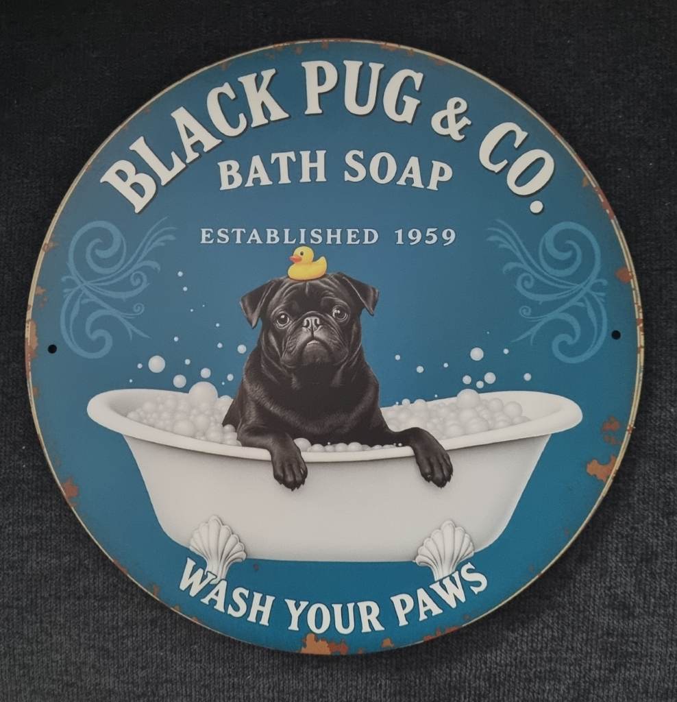 Black Pug Metal Bathroom Sign