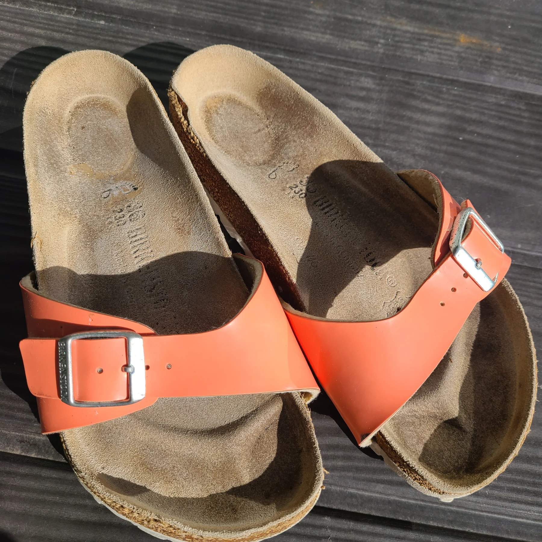Birkinstock Madrid sandals | Coral peach patent finish | One strap | Size 4 UK