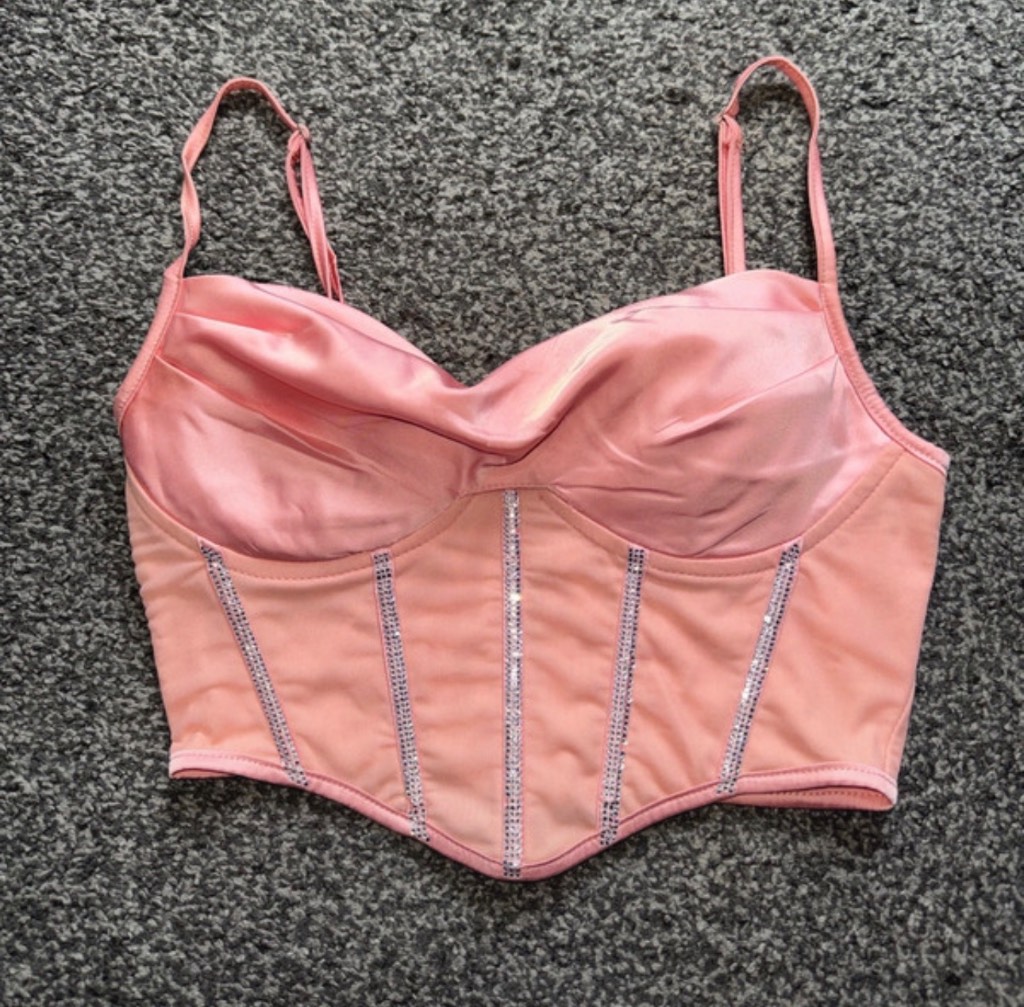 Parthea tape Ruched Asymmetrical Hem Corset Cami pink with diamontes size xs