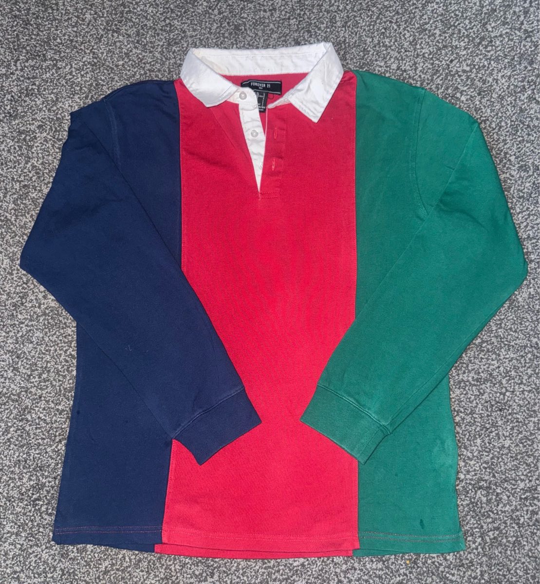 Forever 21 Men's Colorblock Rugby Shirt Size L Colour Block Red Navy Green Polo
