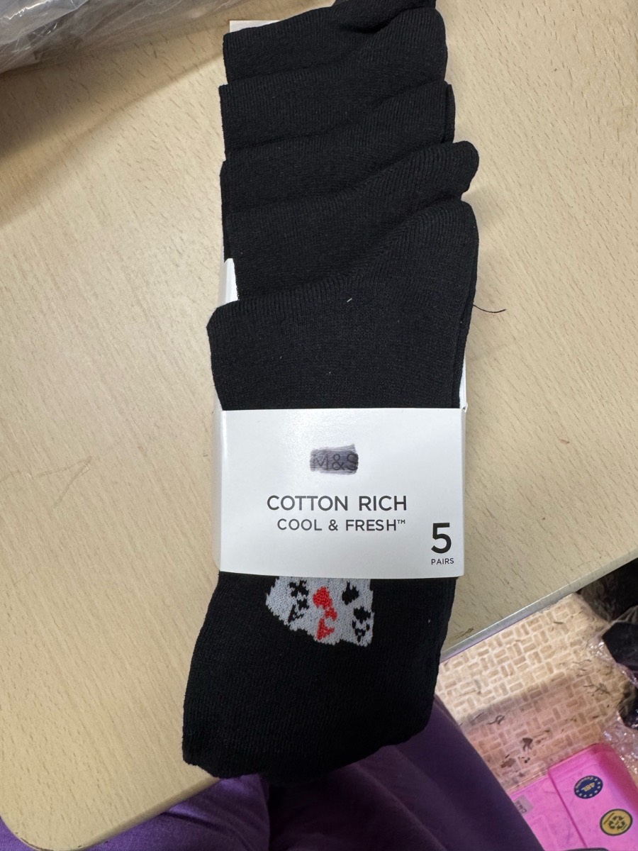 M&S 5 pack black socks with playing cards motif. Size 9-12