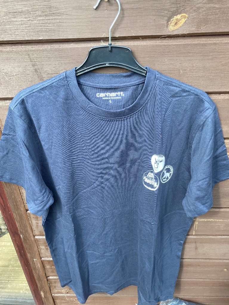 Carhartt Navy teeshirt with motif on front and back. Size L