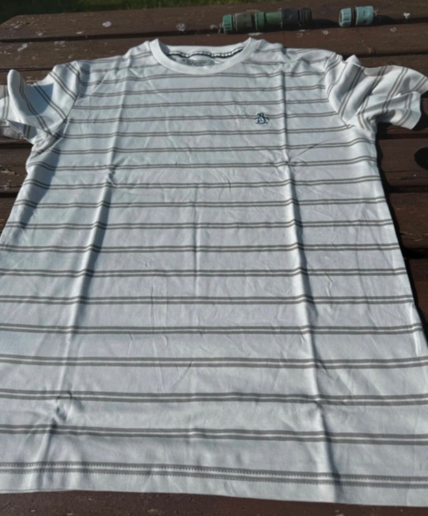 Penguin brown/white stripes teeshirt. Size L