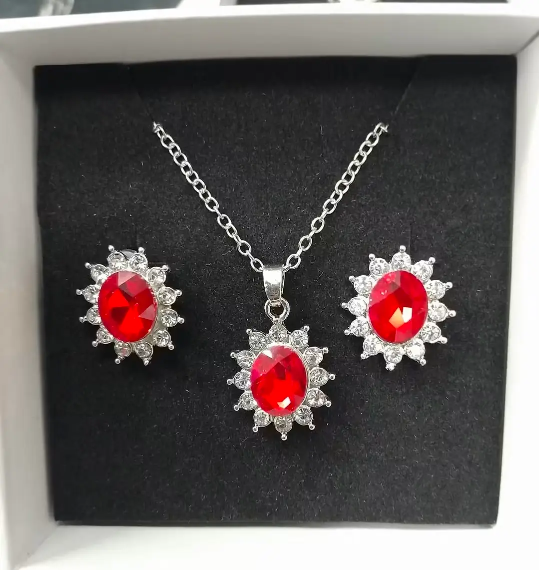 vintage-style ruby red crystal and diamante sunflower jewelry set.