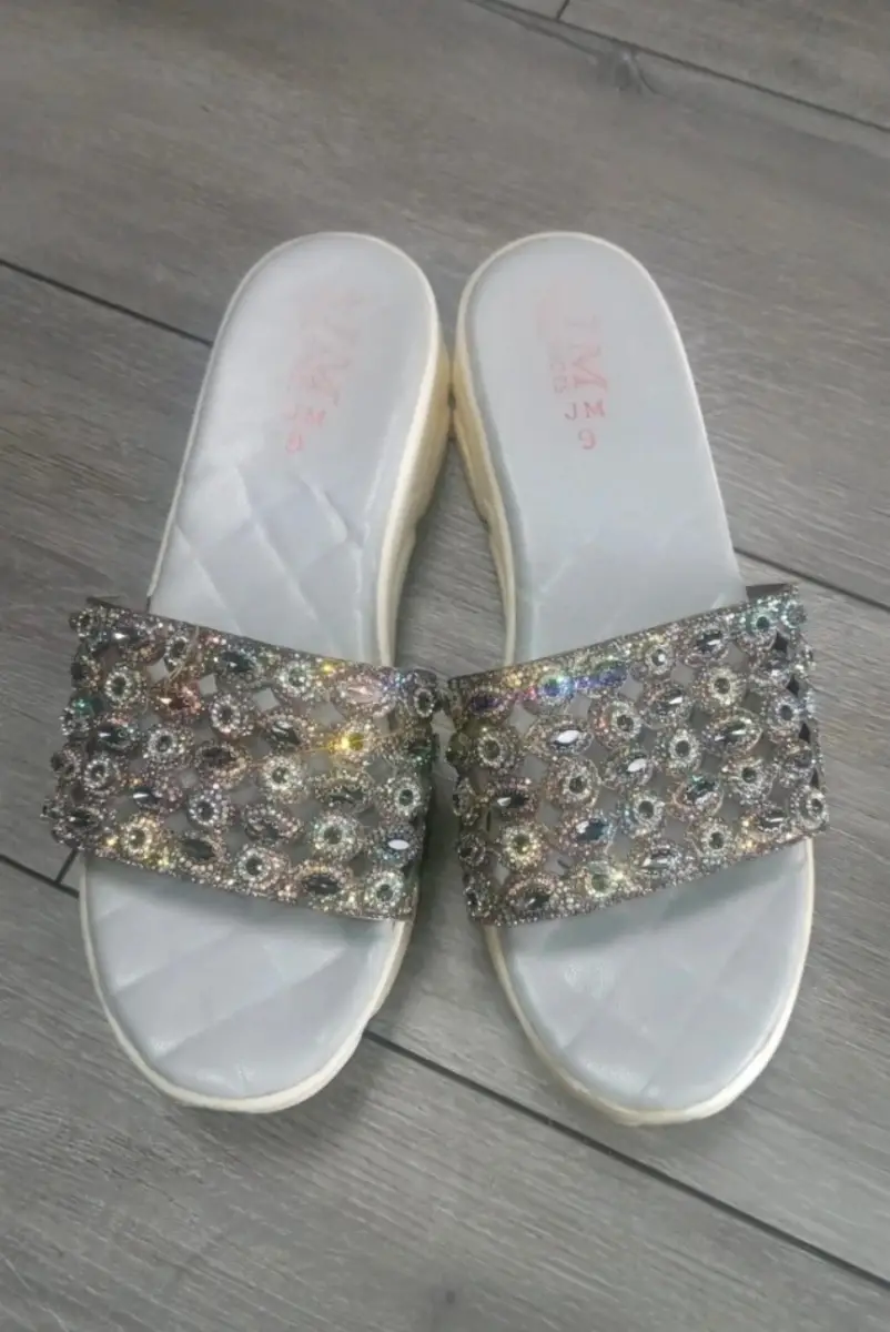 Gray and White Jewelled Sandals.