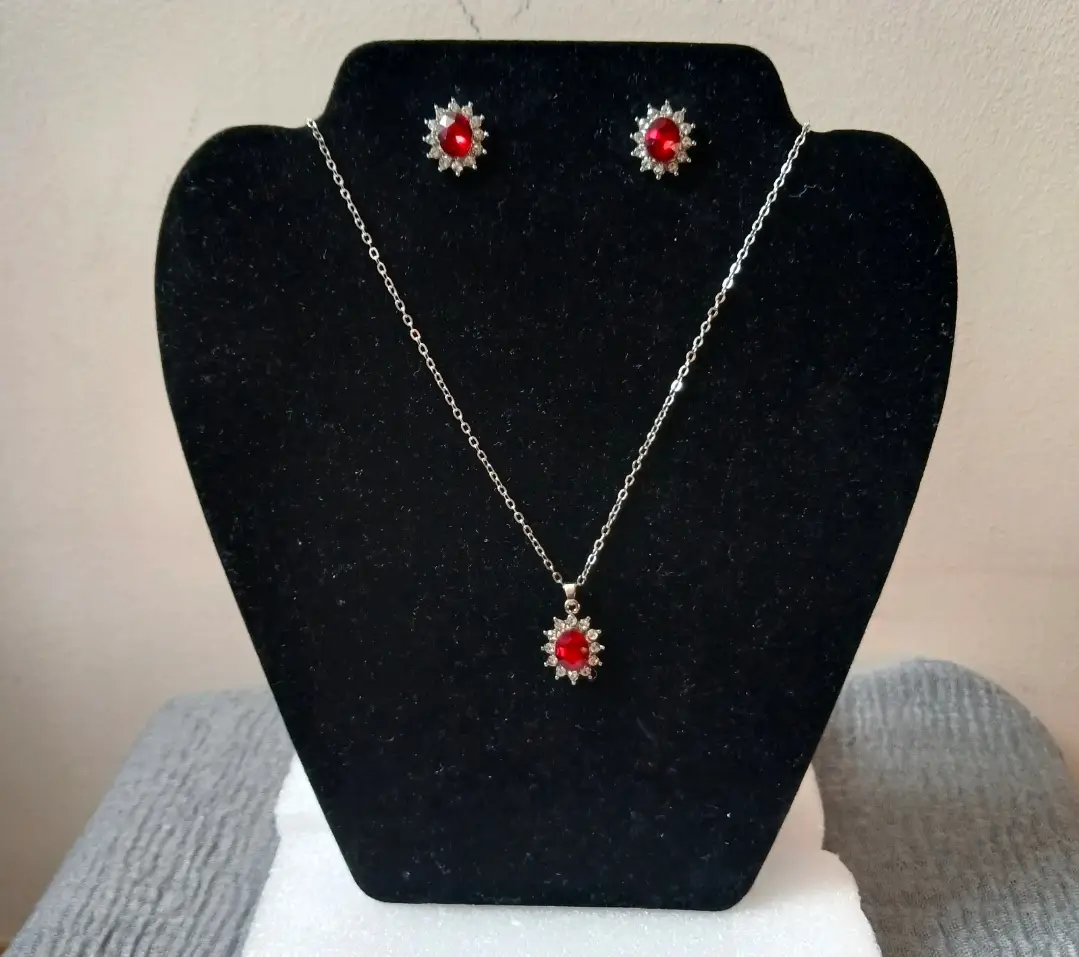 red crystal necklace and earring set .