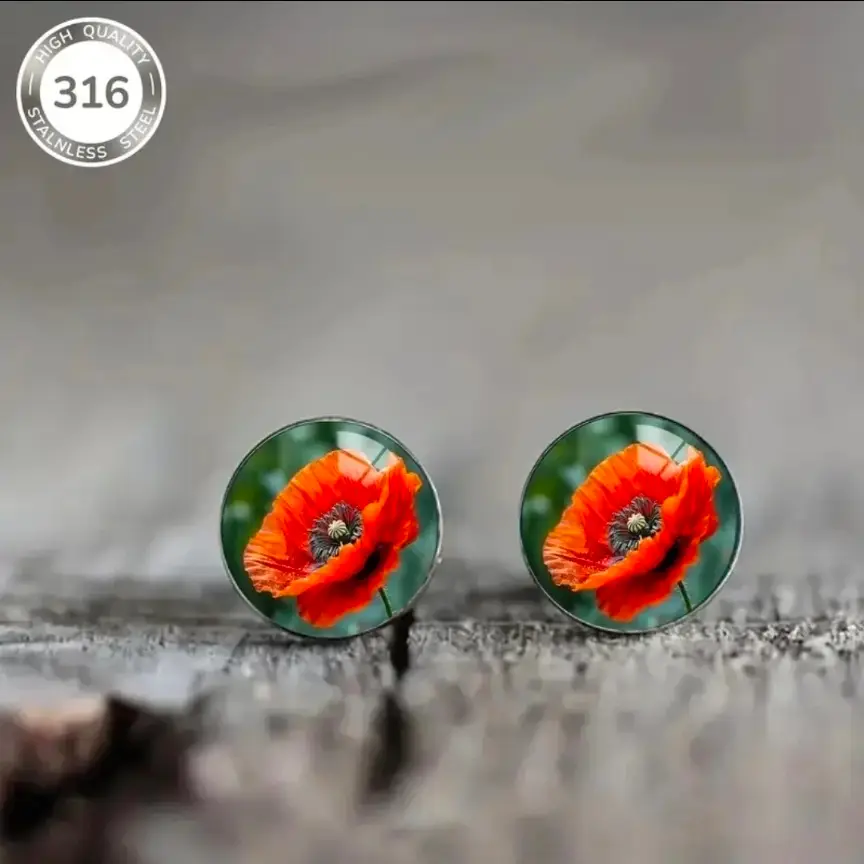 1 Pair of Vibrant Red Floral Pattern Stainless Steel Ear Studs Elegant Earrings.