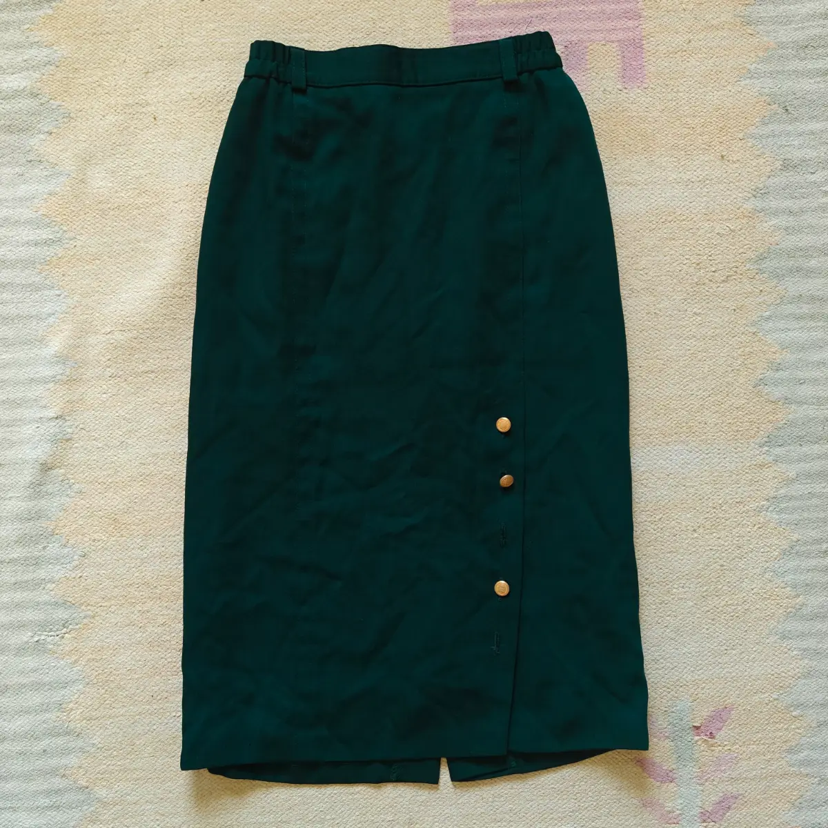 Vintage dark forest green midi pencil skirt with side buttons & slit Size S 8