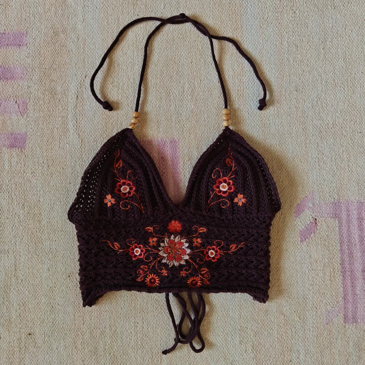 Embroidered fairycore crochet autumnal brown & orange halterneck hippie crop top Size 8 S
