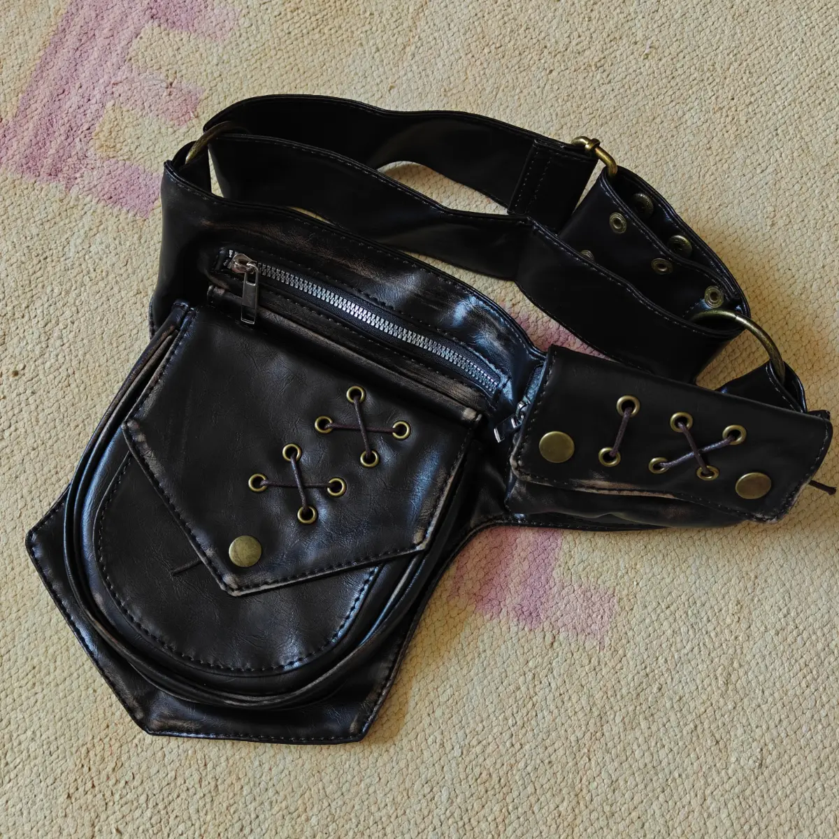 Bikercore Renaissance studded hippie pocket bum bag in distressed black faux leather with lacing