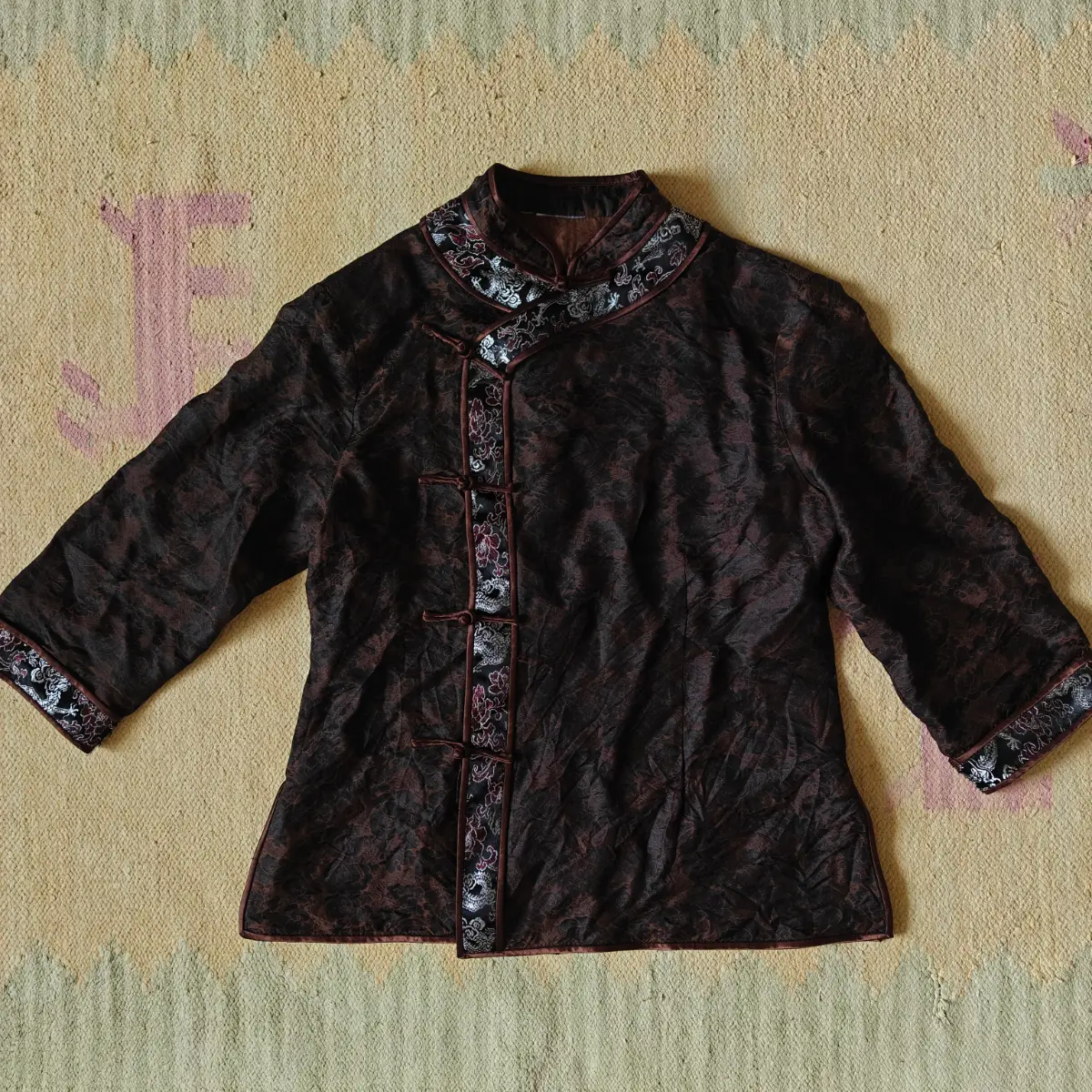 Vintage 90s dark brown sateen Chinese blouse frog button shirt Size 8 S