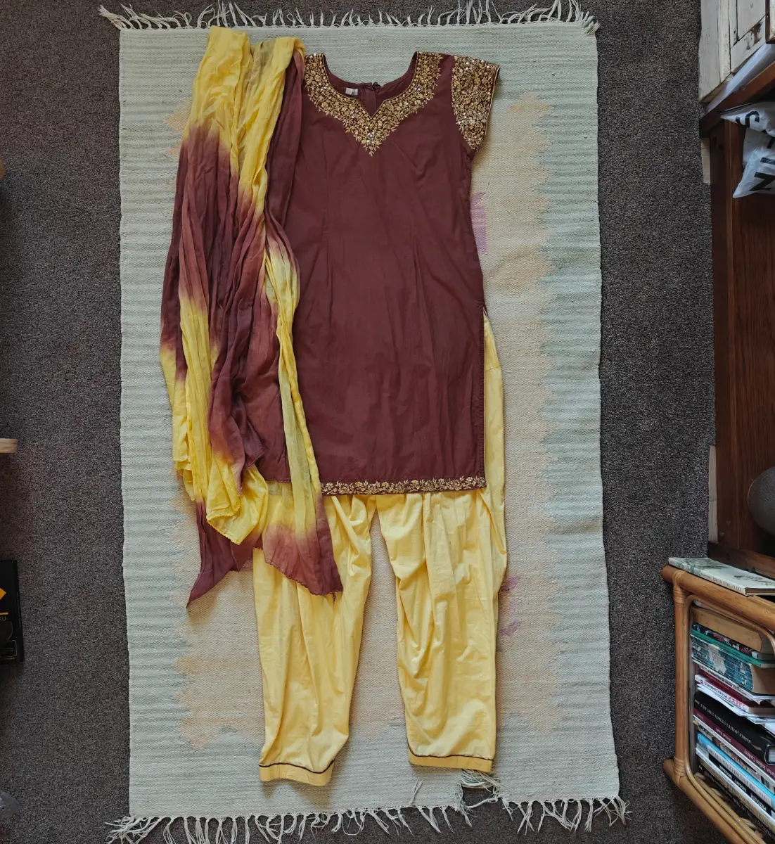 Traditional handmade 3-piece brown mustard yellow co-ord Salwar Kameez