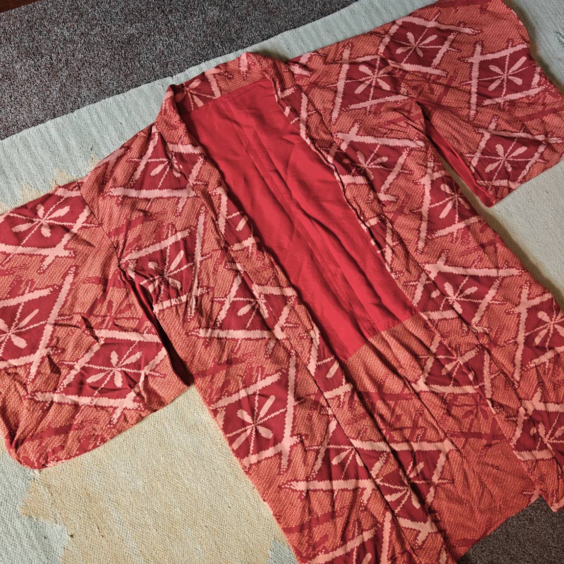Unisex Vintage Japanese Haori Kimono jacket - Tangerine orange & red print
