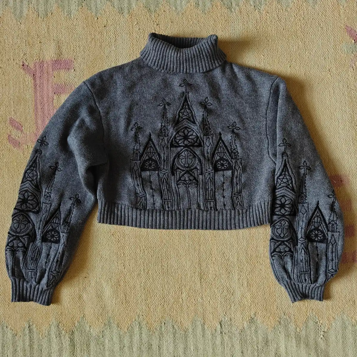 Gothic embroidered knitted ash grey turtleneck jumper pullover sweater Size 8 S