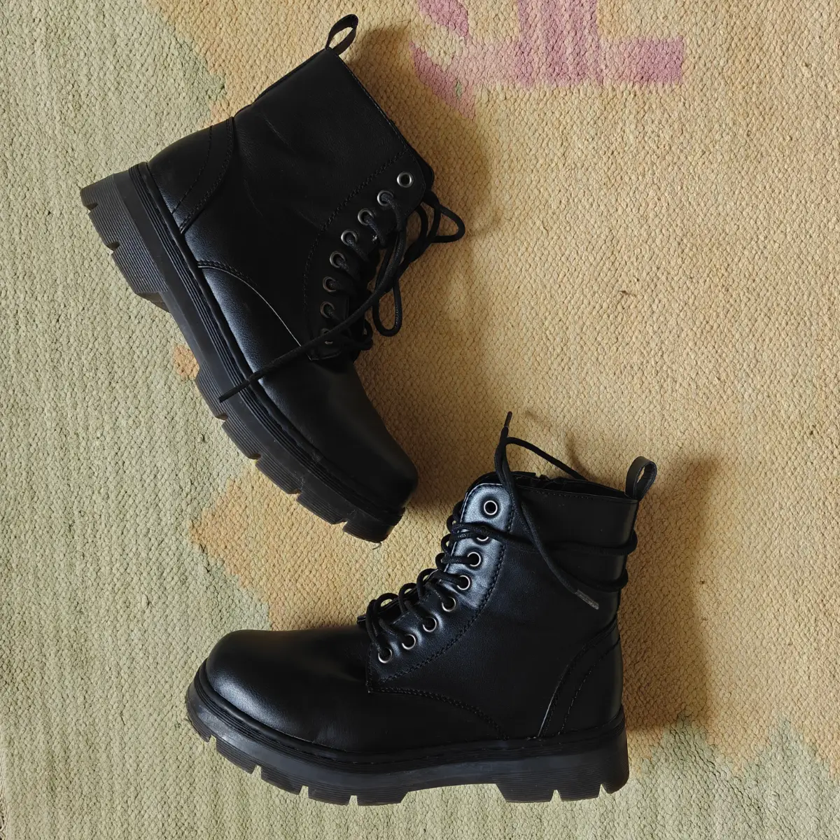 Black faux leather lace-up combat boots with chunky tread sole Size 4