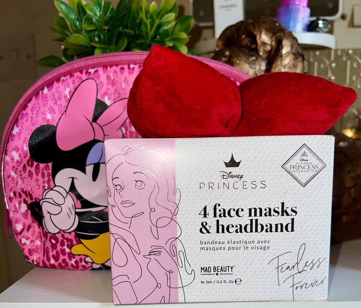 Disney princess headband face masks and Minnie makeup bag