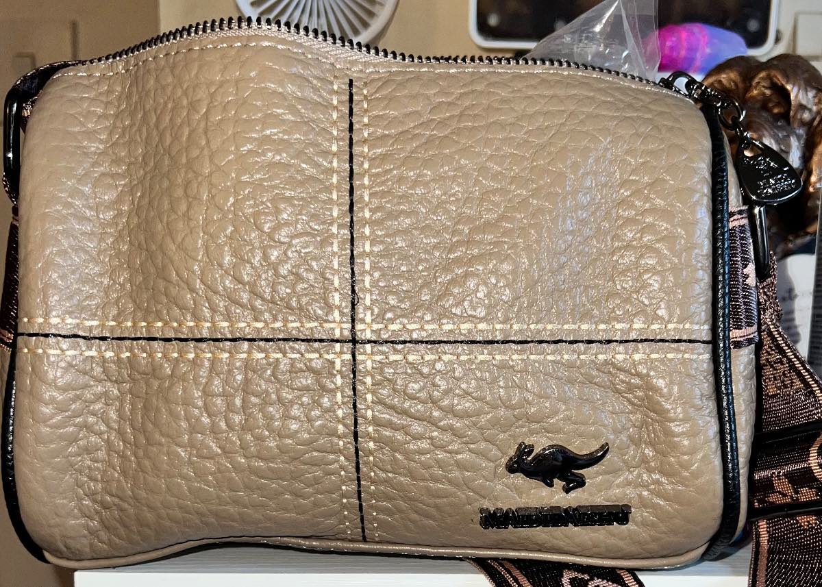 Small Crossbody Mocha Leather Bag With Patterned Woven Strap And Detail