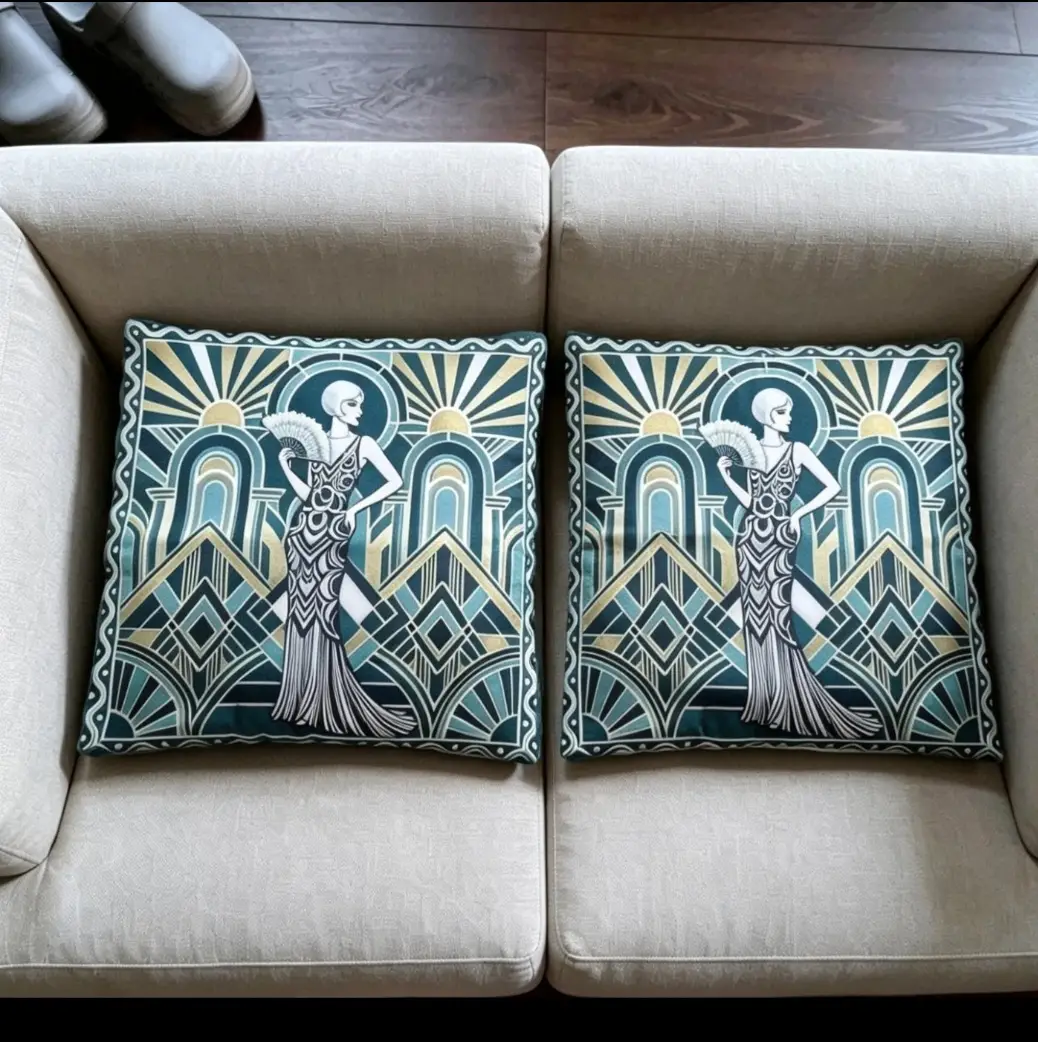 Set of 2 Square Green/Black/Gold/White Cushion covers, Art Deco Geometric Woman