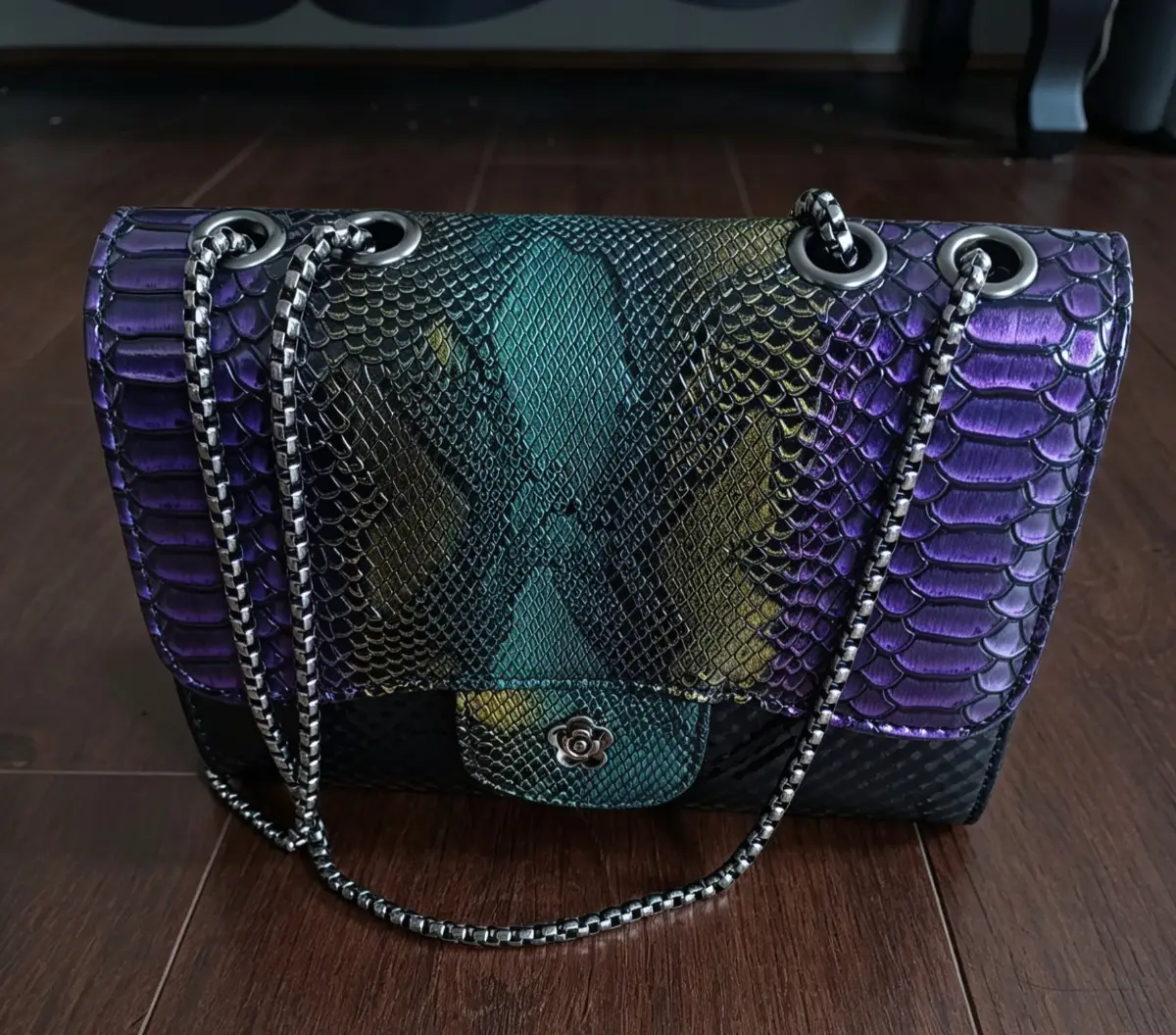 Women’s Multicolour Faux Leather Snakeskin-Effect Shoulder Bag Chain Strap