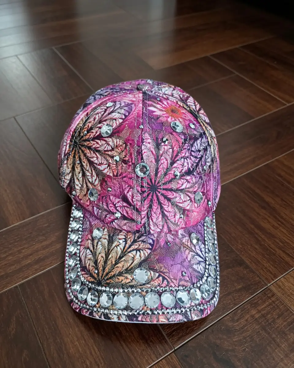 Women’s Pink & Purple Floral Rhinestone Baseball Cap Adjustable Polyester