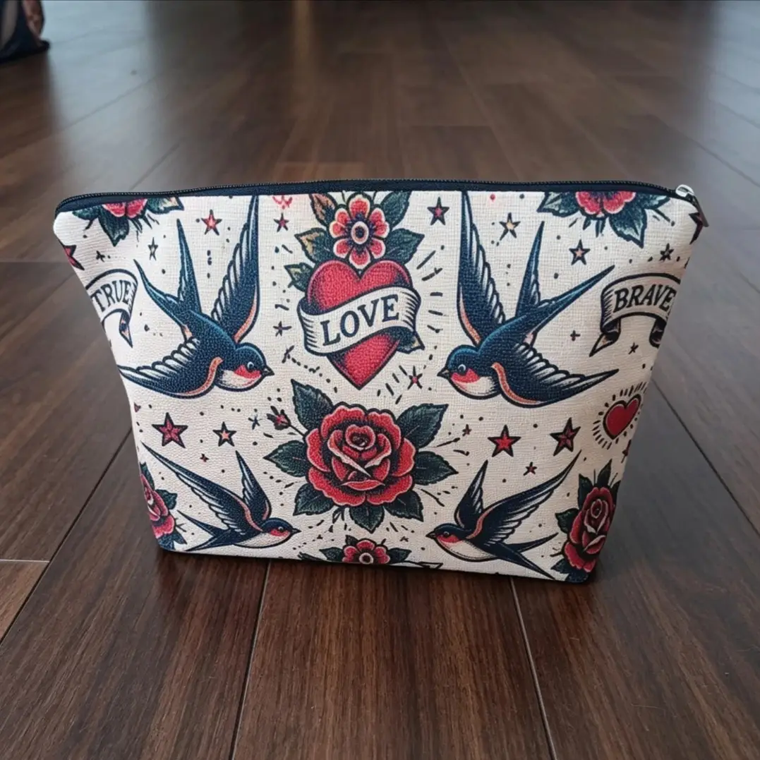 Swallow & Rose Print Make-Up Bag Pouch with Zip - Cream Red Blue Black
