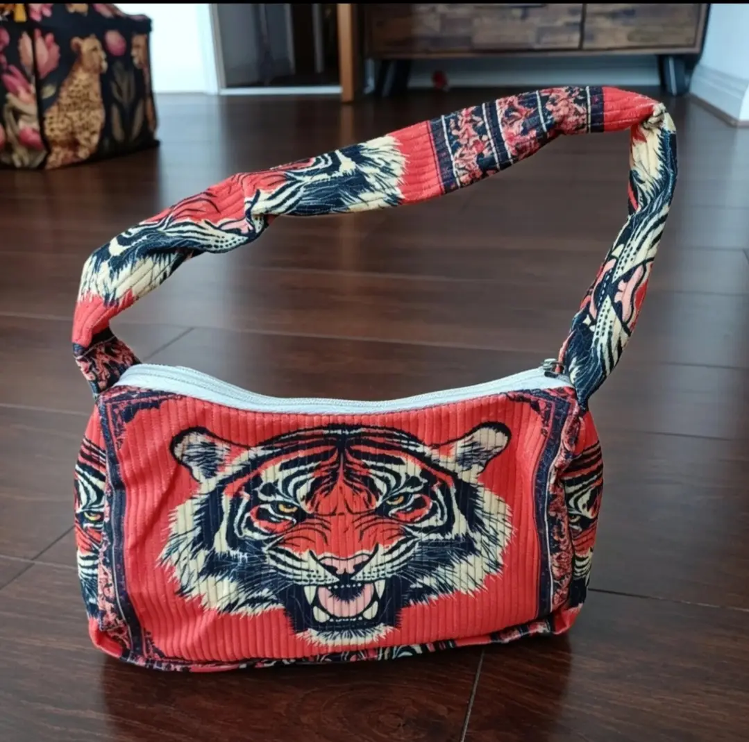 Women’s Red Corduroy Tiger Animal Print Shoulder Bag Zip Top Silver Hardware