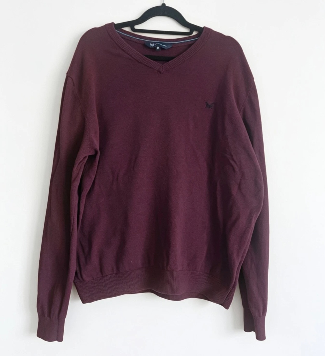Crew Clothing Company Men's Burgundy V-Neck Pullover Jumper XL Knit Logo