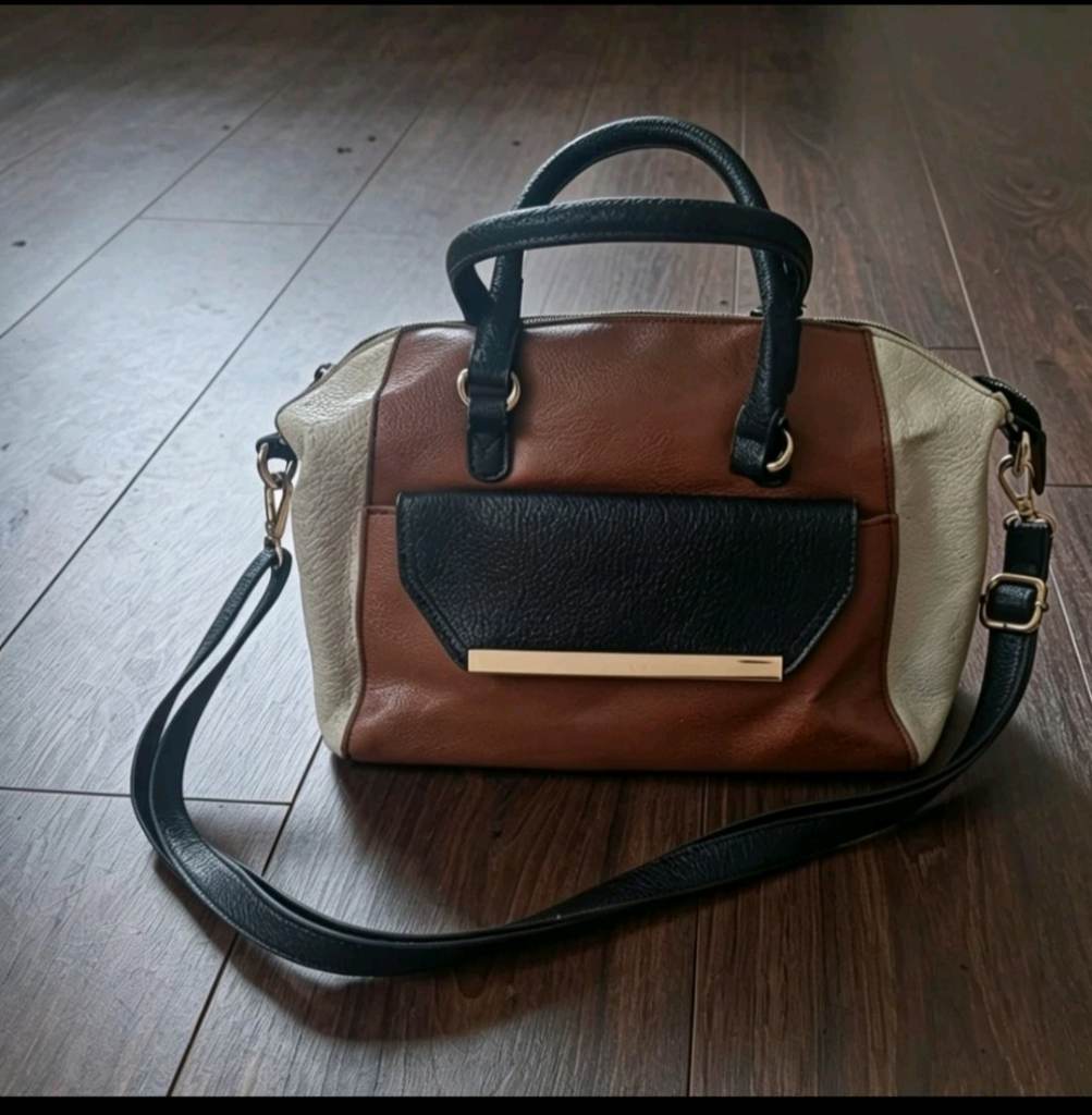F&F Colourblock Faux Leather Small Satchel Top Handle Bag Zip Detachable Strap