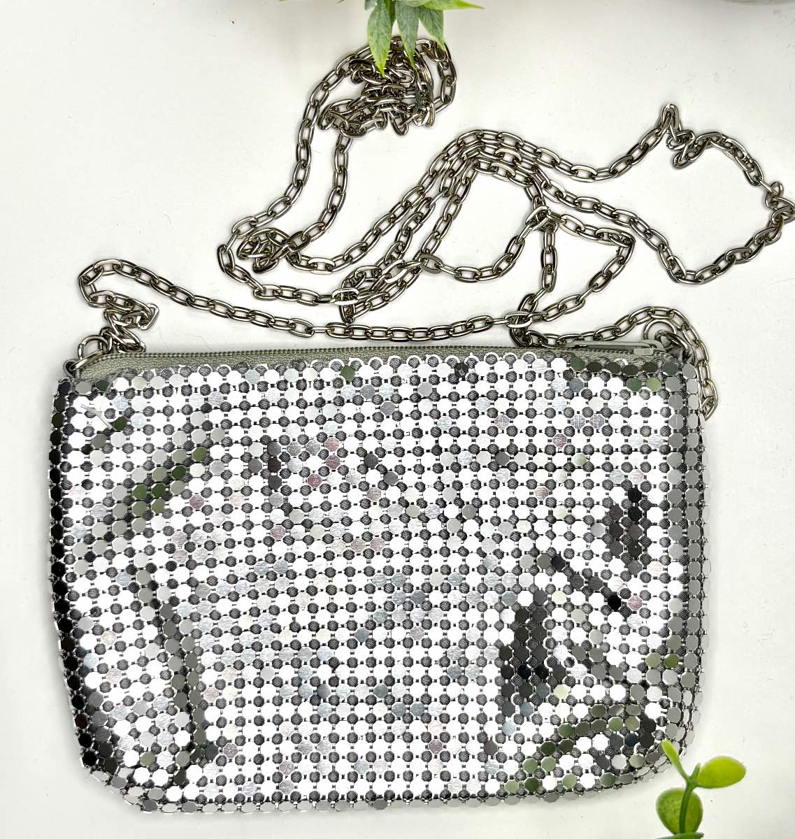 Ann Christine Silver Metal Mesh Crossbody Bag Evening Clutch Y2K Chain Strap