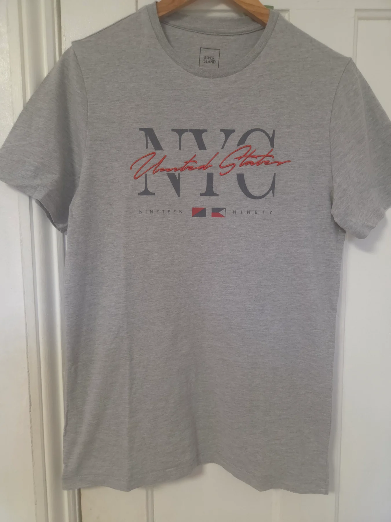 River Island Grey NYC Graphic T-Shirt Mens 90s Streetwear