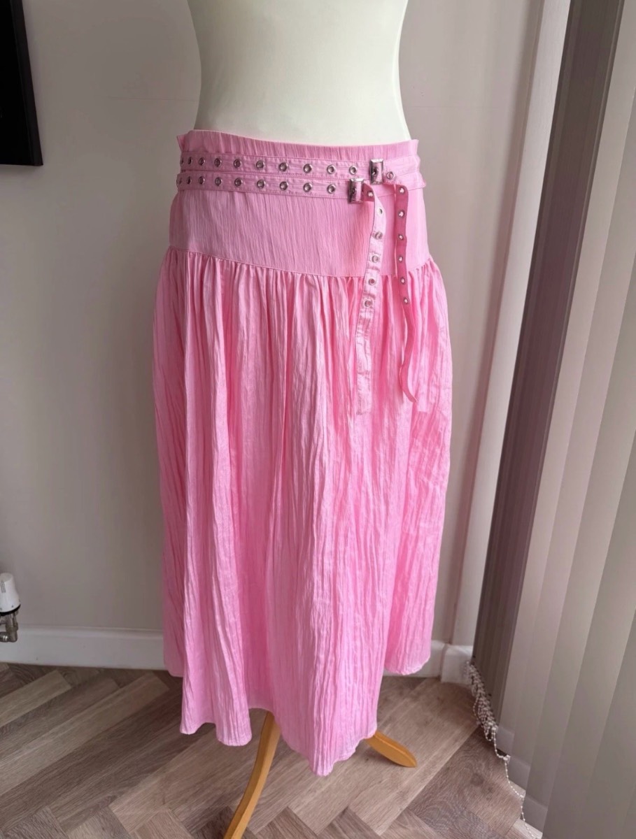 Marks & Spencer Women’s Crinkle Belted Midaxi Skirt Size Uk16 Medium Pink
