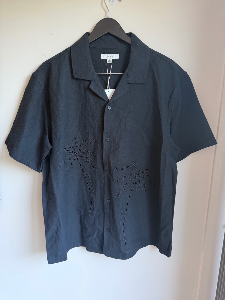 Marks & Spencer Men’s Cotton Blend Embroidered Palm Tree Shirt In Black Size M