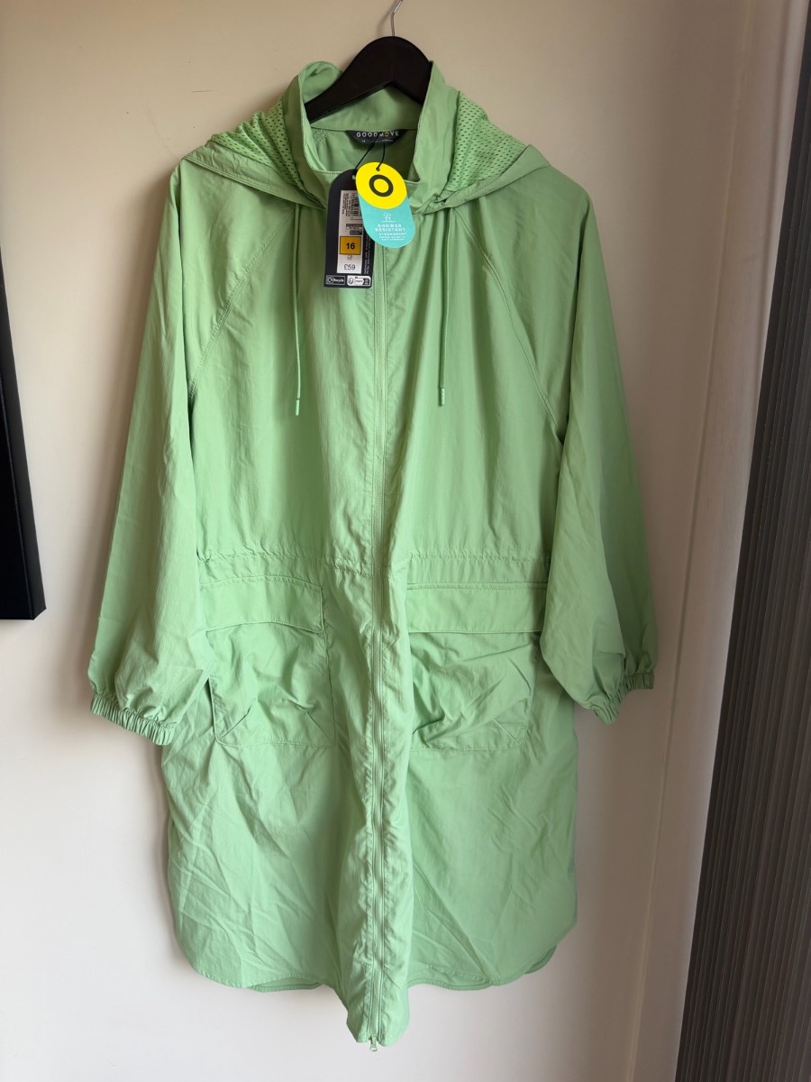 M&S, Goodmove lightweight longline hooded rain jacket In Mint Green Size Uk16