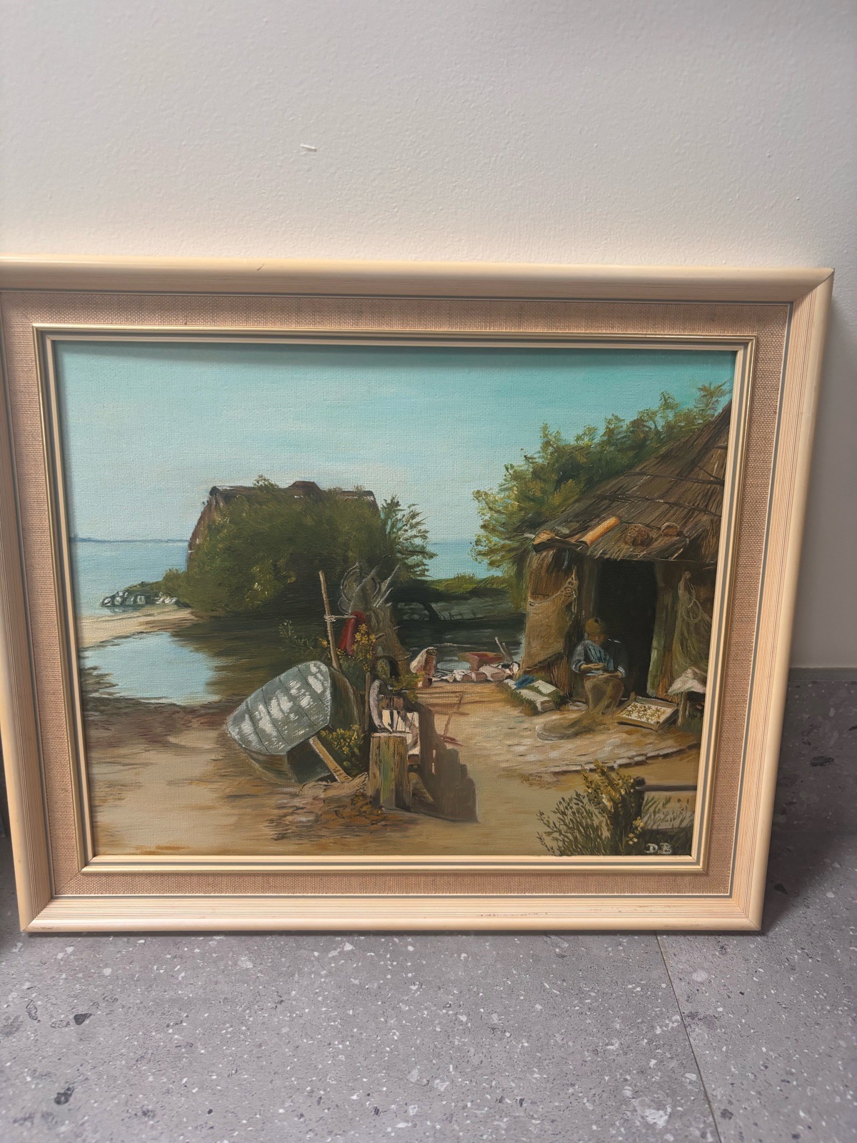 Vintage Vietnamese Oil Painting – Fisherman Repairing Fishing Nets | Coastal Scene | Framed Art