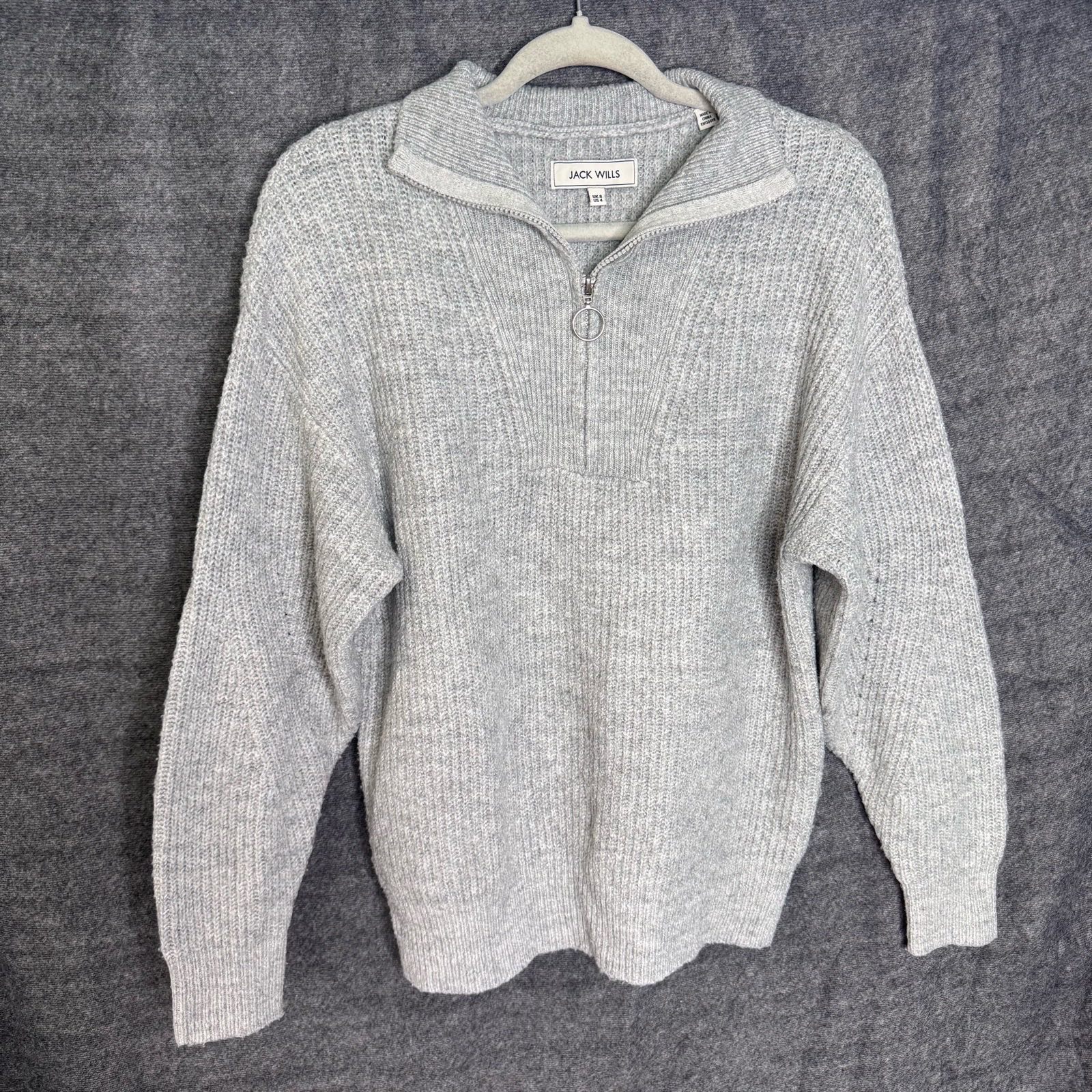 Jack Wills Grey Ribbed 1/4 Zip Ring Pull Jumper Sweater UK 8 US 4